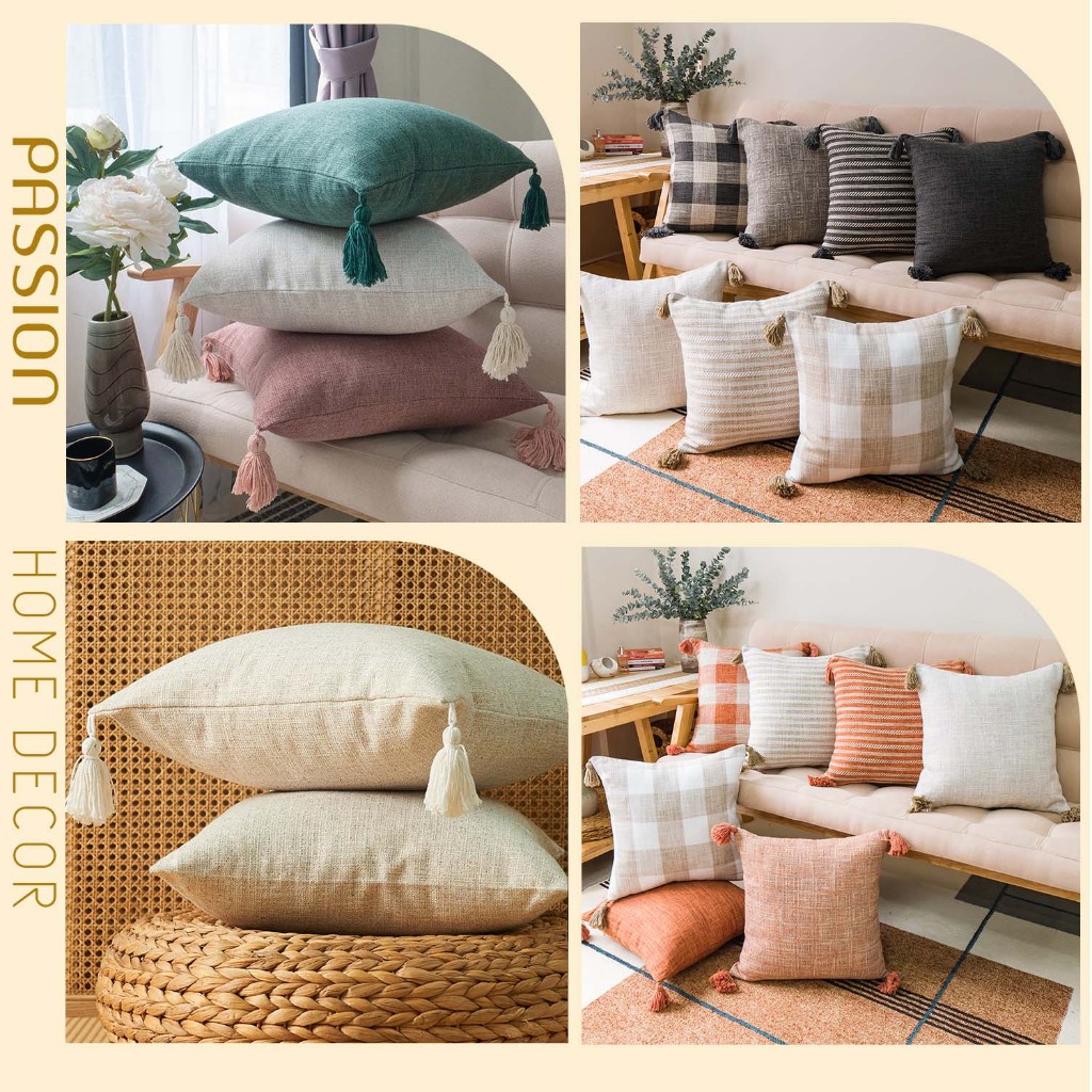 Vỏ Gối Vuông Sofa Vải Lanh Đính Tua Rua Họa Tiết Caro Retro Đơn Giản Passion