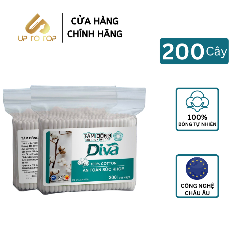 Ảnh Tăm bông ráy tai Diva 100% Bông Tự Nhiên Túi 200 cây 1
