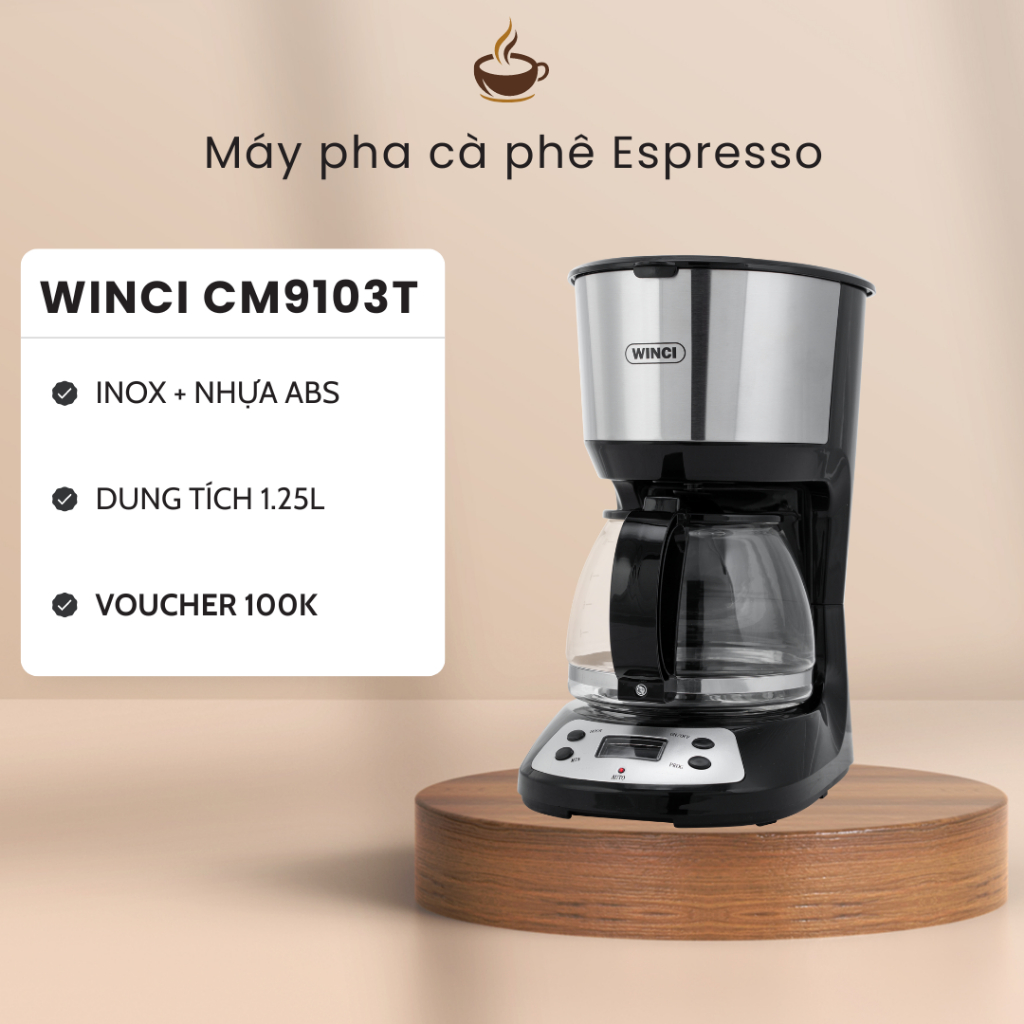 Máy Pha Cà Phê Tự Động và Pha Trà Winci CM9103T, Dung Tích 1.25L, Bảo ...