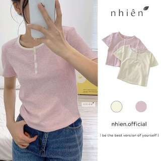CÓ FULL MÀU - Áo thun tay ngắn - áo thun viền cổ vuông phối nút nhiennhienvintage NAT00015
