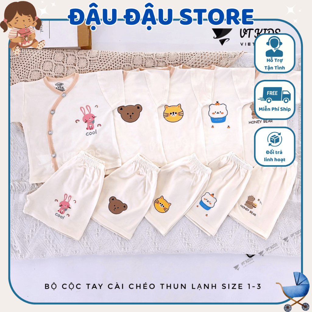Set 2 - 3 Bộ Sơ Sinh cộc tay thun lạnh in họa tiết thoáng mát cho bé sơ sinh size 0-9 tháng [CL05]  Đậu Đậu Store