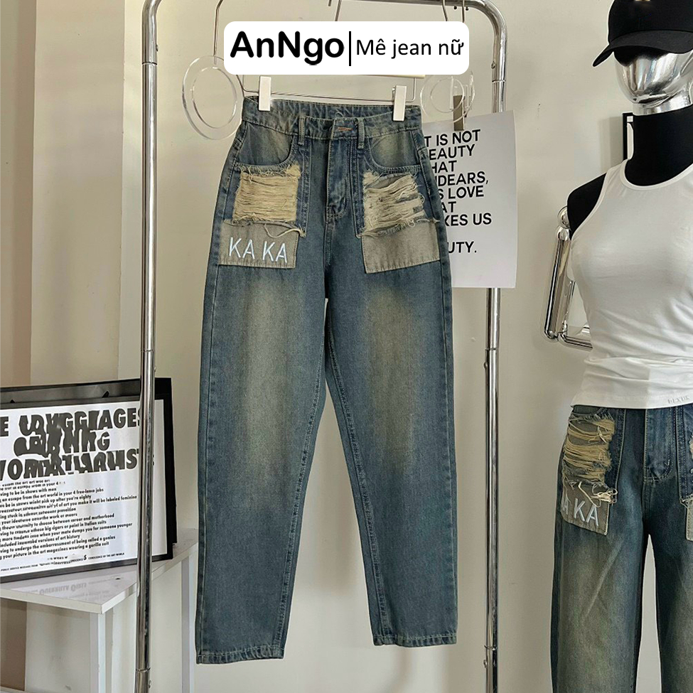 Quần baggy jean nữ rách tui rách thời trang, hình thêu đẹp Anngo - AT401