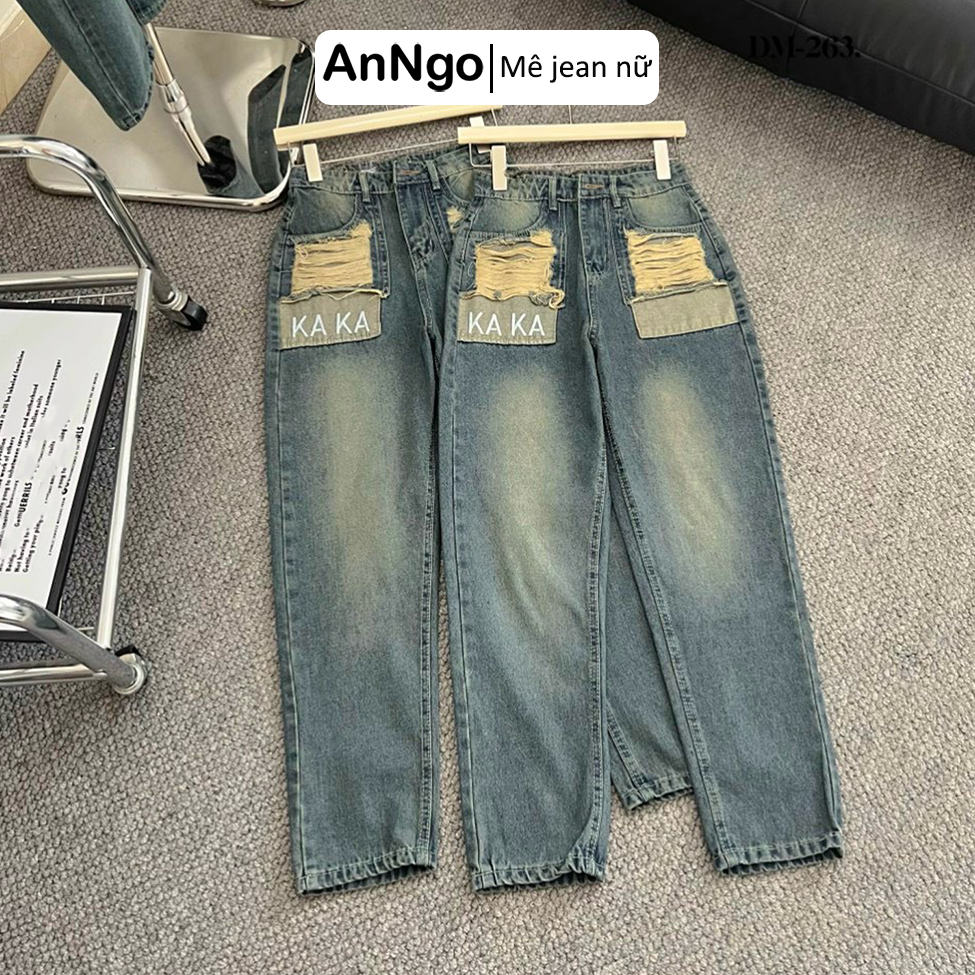 Quần baggy jean nữ rách tui rách thời trang, hình thêu đẹp Anngo - AT401