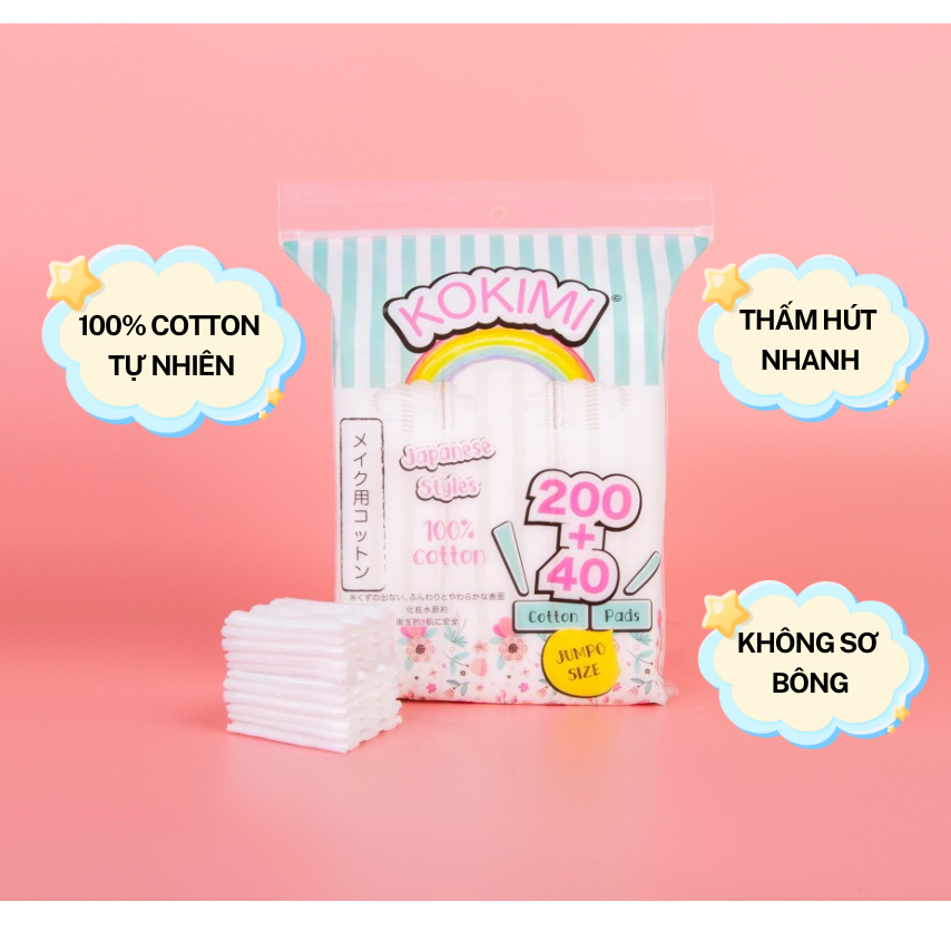 Bông Tẩy Trang KOKIMI 240 miếng 100% cotton mềm mịn dai thấm hút nhanh không bị sơ bông