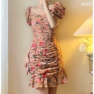 Đầm hoa nhún thân 2 màu xanh và nâu A2327