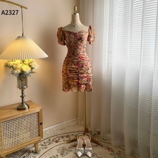 Đầm hoa nhún thân 2 màu xanh và nâu A2327