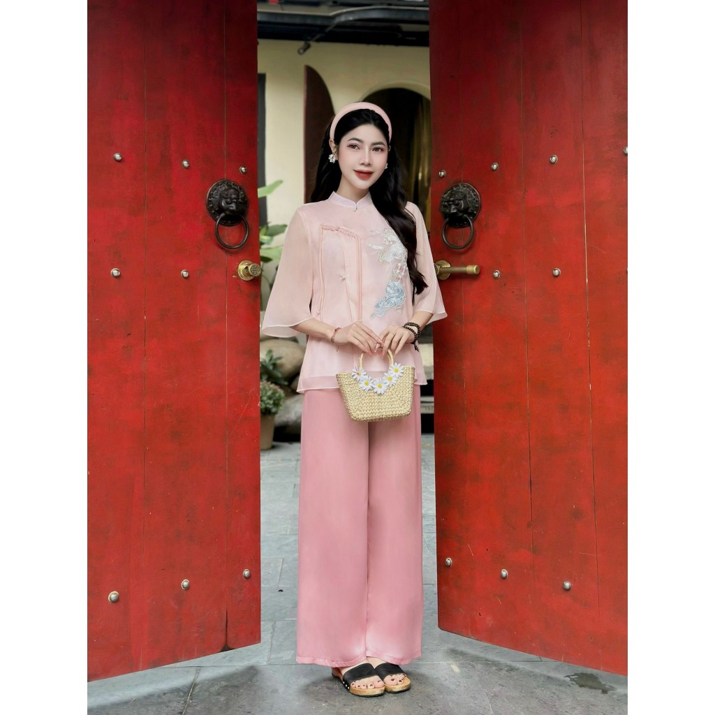 Pháp phục đi chùa cổ tàu voan tơ thêu hạc dây tết cách điệu Bộ đồ đi chùa nữ cách tân tay lỡ Đồ lam đi lễ voan mềm mịn
