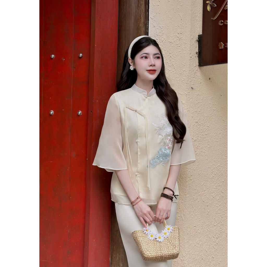 Pháp phục đi chùa cổ tàu voan tơ thêu hạc dây tết cách điệu Bộ đồ đi chùa nữ cách tân tay lỡ Đồ lam đi lễ voan mềm mịn