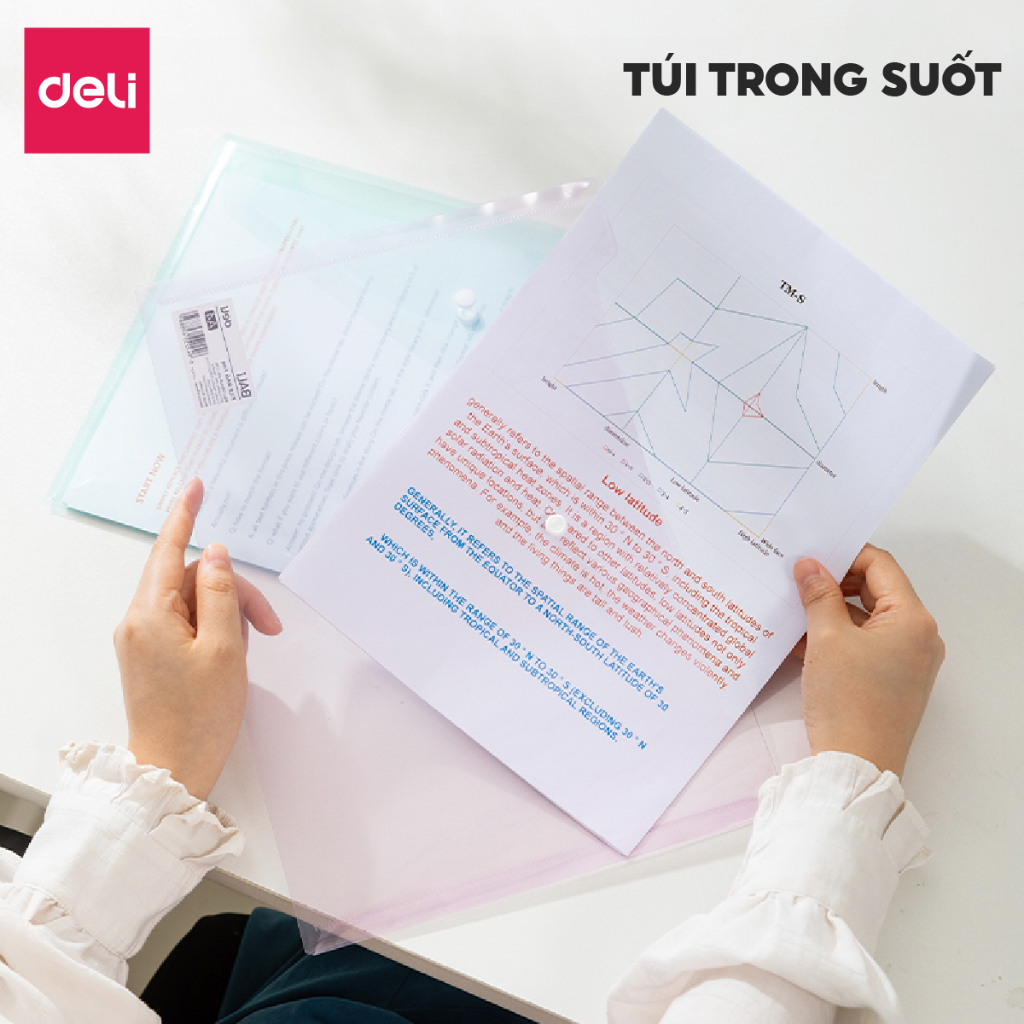 Túi đựng tài liệu Clear bag A4 Deli trong suốt nhiều màu bìa đựng tài liệu lưu trữ hồ sơ giấy tờ đi học đi thi