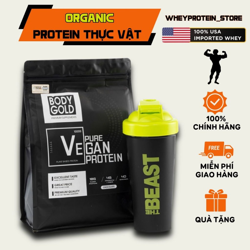 Whey Vegan Protein Sữa Thực Vật Tăng Cân Tăng Cơ Body Gold Túi 1kg Tăng Bình Lắc 700ml 9683