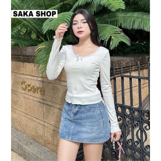 Áo thun nữ ôm tay dài cổ tròn phối ren thun gân co giãn