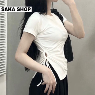 Áo thun nữ tay ngắn chéo eo sẻ tà