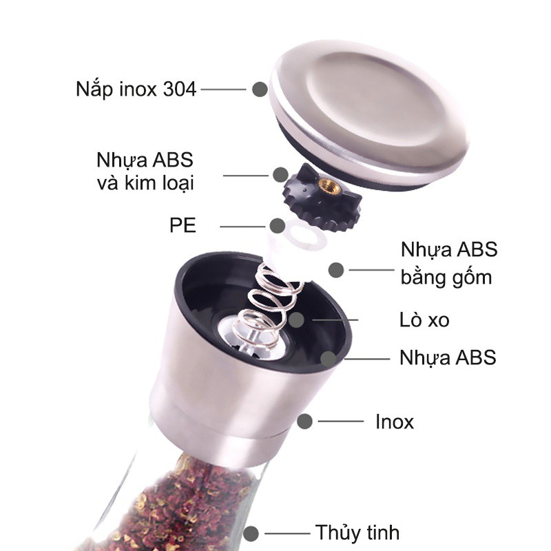 Lọ Xay Tiêu, Cối Xay Tiêu, Xay Hạt Cầm Tay Siêu Nhanh Bằng Inox, Thủy Tinh,Lọ Say Tiêu Inox - 32429