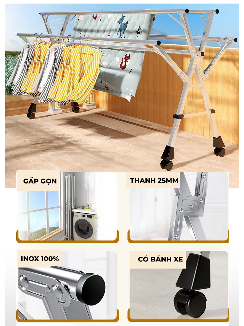 Ảnh Sào phơi quần áo gấp gọn AVOHOME 5 thanh chính hãng loại giàn phơi treo quần áo cho gia đình 3