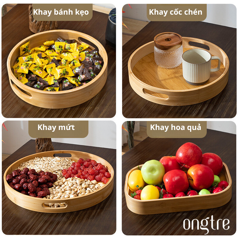 Khay Tre ONGTRE Có Tay Cầm - Khay Tròn, Khay Chữ Nhật Phục Vụ Trà, Cafe, Nhà Hàng, Khách Sạn