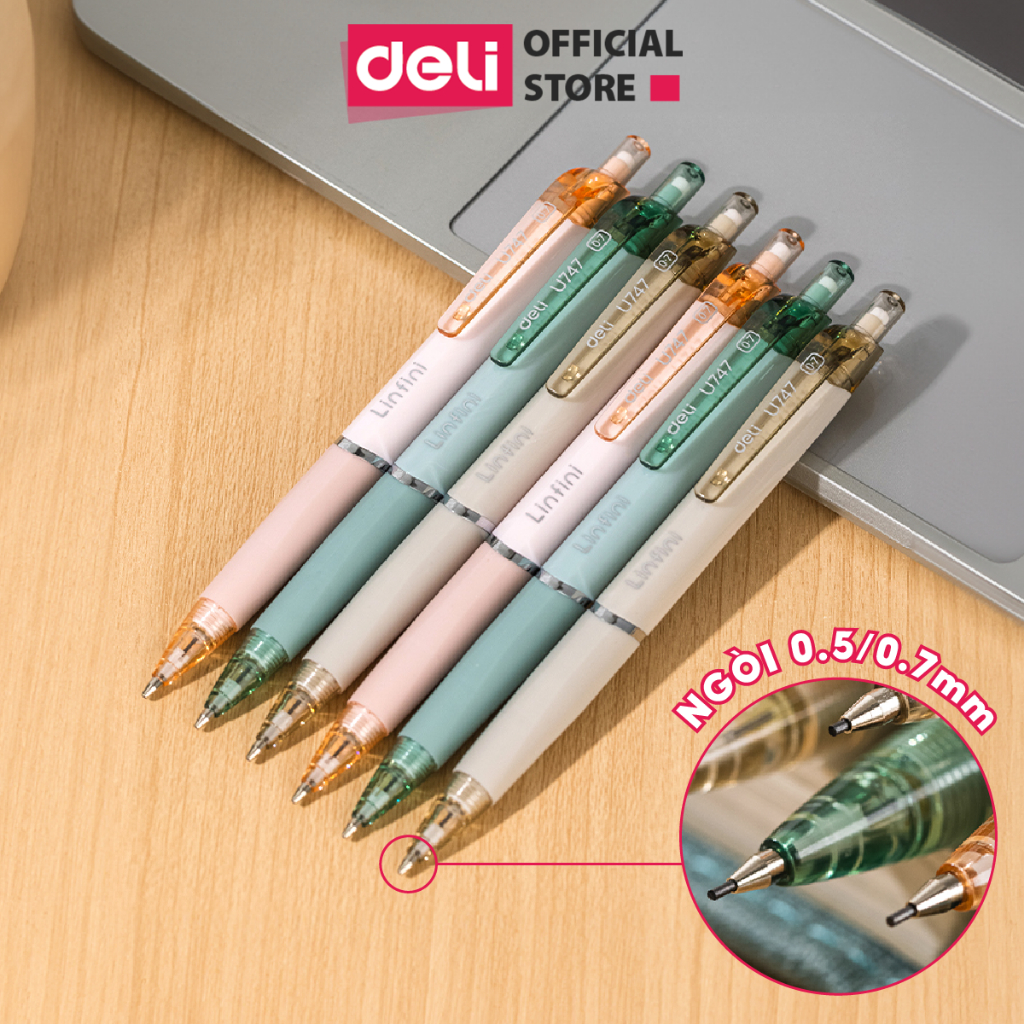 Bút Chì Kim Scribe Deli Màu Pastel Ngòi 0.5mm/0.7mm Deli, Bút Chì Bấm Cơ Học Có Đầu Tẩy Thiết Kế Chống Gãy Ngòi