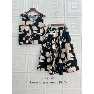 [JUNE LINEN] S16. Set Linen tưng cao cấp Họa tiết. Chân váy xòe có túi sườn mix áo cổ tim.