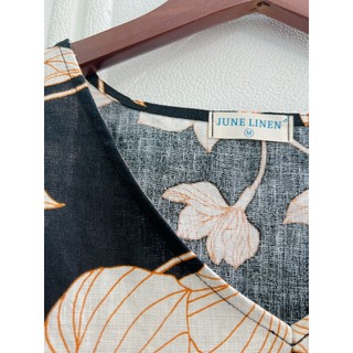 [JUNE LINEN] S16. Set Linen tưng cao cấp Họa tiết. Chân váy xòe có túi sườn mix áo cổ tim.