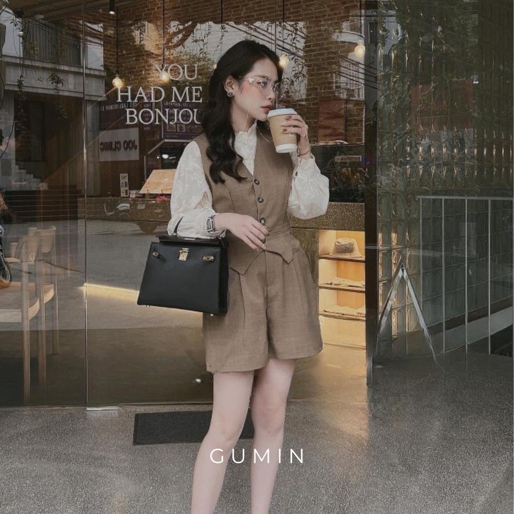 Set gile quần sooc GUMIN thiết kế cổ V sang chảnh thanh lịch, kiểu dáng trẻ trung sang trọng