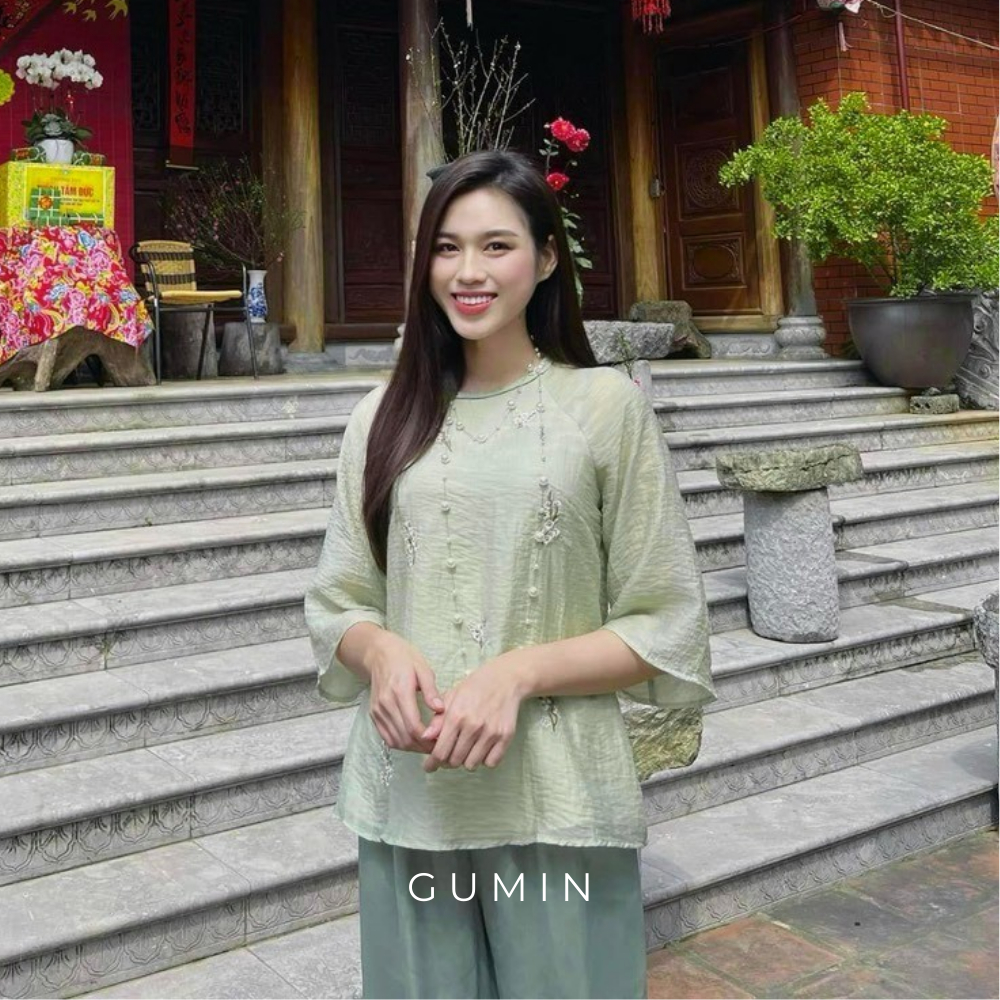 Set bộ pháp phục GUMIN tay lỡ cổ tết thêu hoa sang trọng thanh lịch