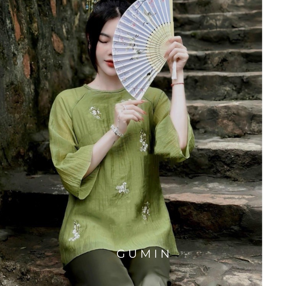 Set bộ pháp phục GUMIN tay lỡ cổ tết thêu hoa sang trọng thanh lịch
