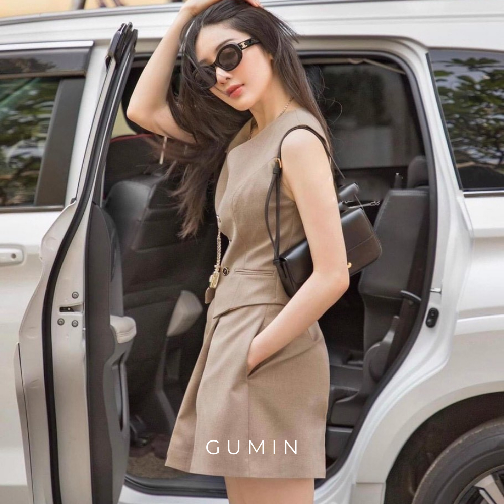 Set gile quần sooc GUMIN thiết kế cổ V sang chảnh thanh lịch, kiểu dáng trẻ trung sang trọng