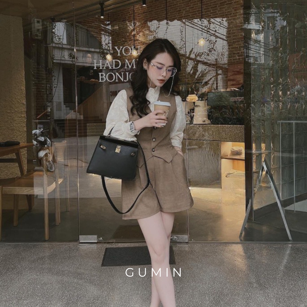 Set gile quần sooc GUMIN thiết kế cổ V sang chảnh thanh lịch, kiểu dáng trẻ trung sang trọng