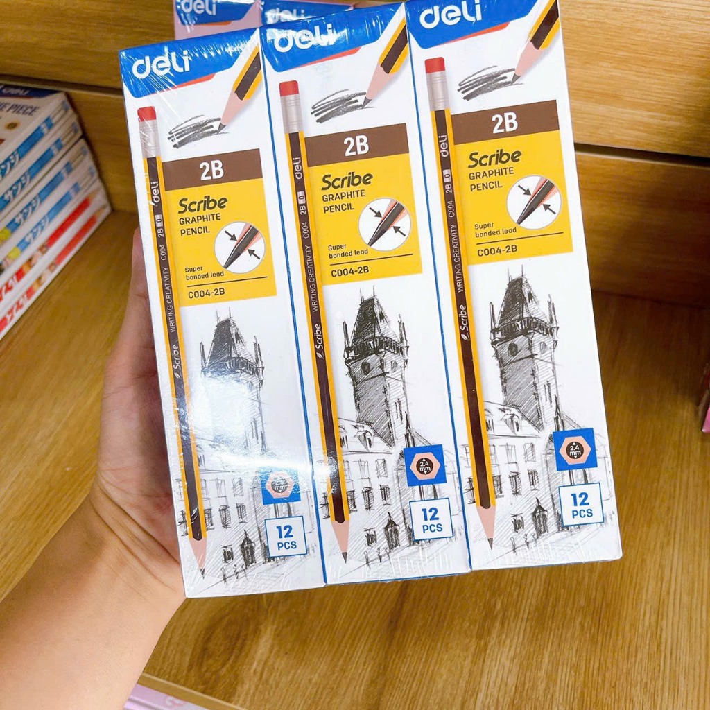 Hộp 12 bút chì 2B Deli - viết chì - Scribe kẻ sọc vàng sọc đen C004