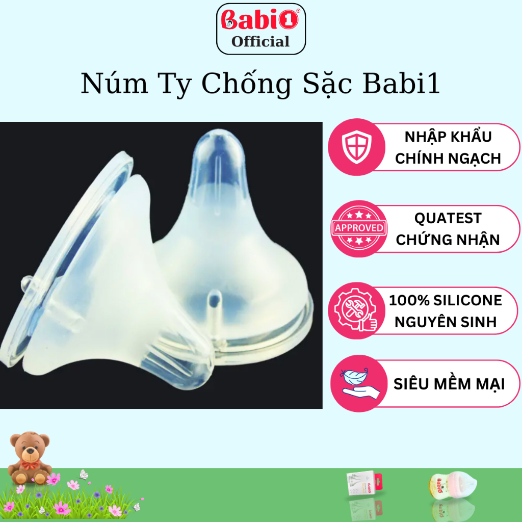 Hộp 2 Núm Ti Silicone Babi 1 Chống Sặc Size S (Cho Bình Cổ Rộng 5cm)