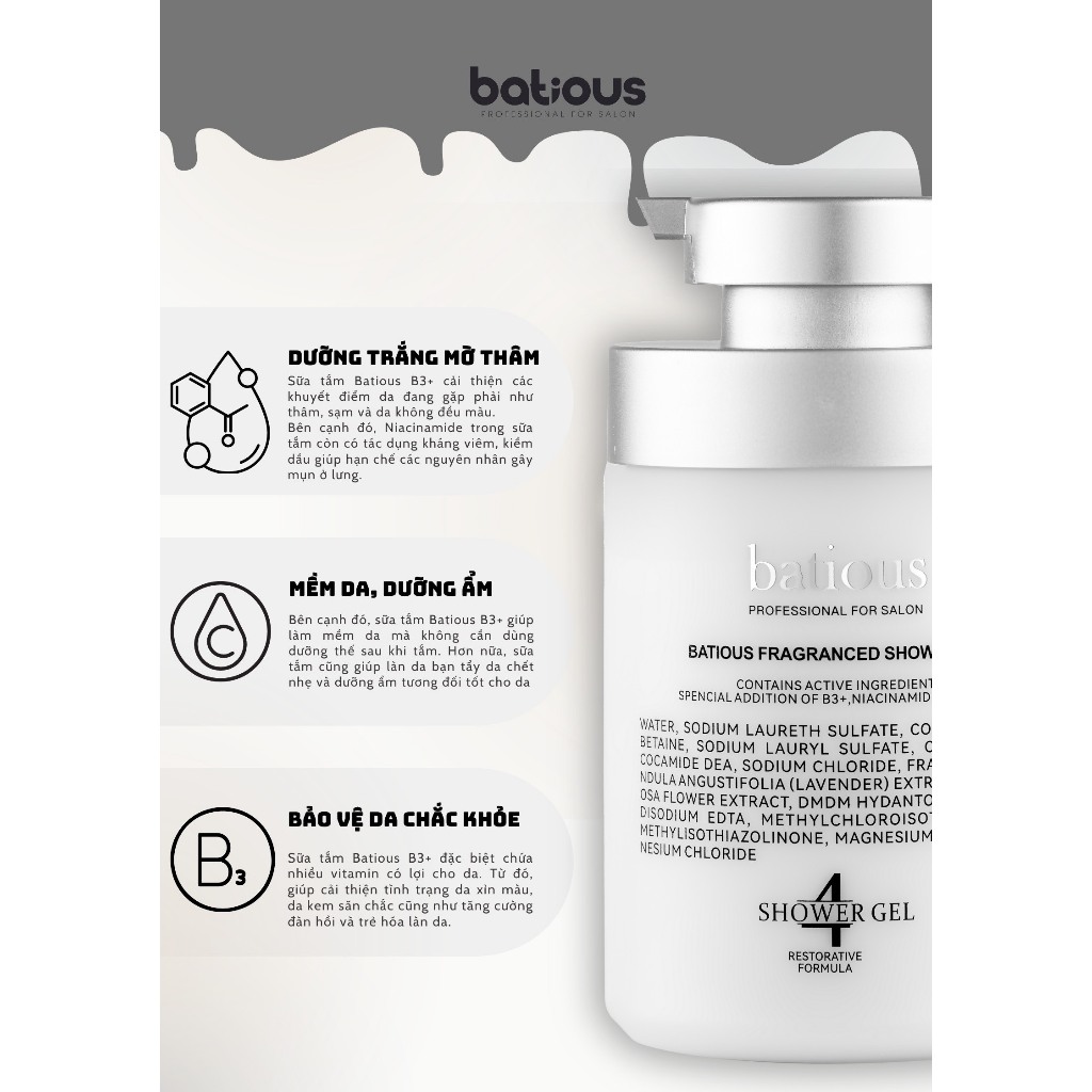 Sữa tắm batious b3+ 500ml giúp dưỡng trắng sáng da mịn màng - Soon Beauty