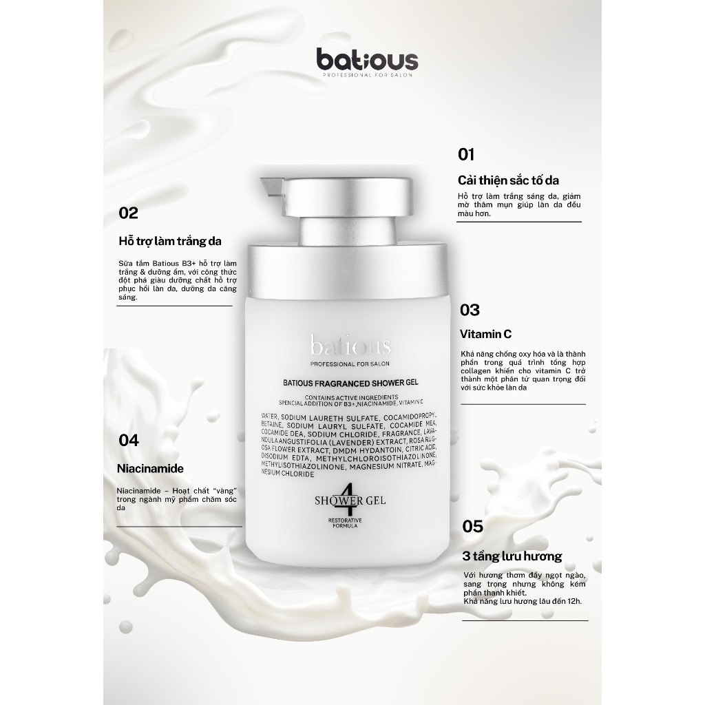 Sữa tắm batious b3+ 500ml giúp dưỡng trắng sáng da mịn màng - Soon Beauty