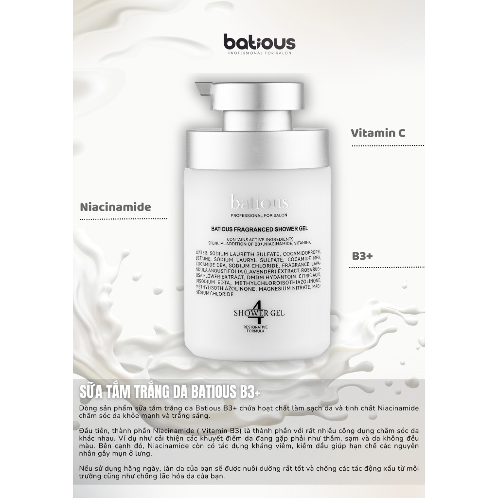Sữa tắm batious b3+ 500ml giúp dưỡng trắng sáng da mịn màng - Soon Beauty