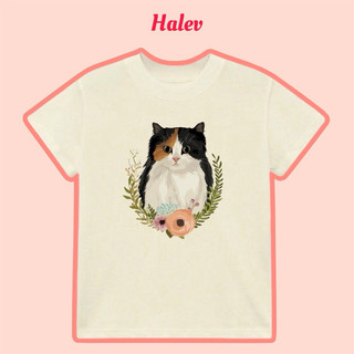 Áo Baby tee in hình mèo Tam thể cổ điển vòng hoa 100% Cotton