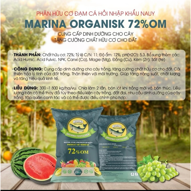 Phân tan chậm hữu cơ đạm cá hồi Marina Organisk 72%OM chính hãng nhập khẩu từ Nauy