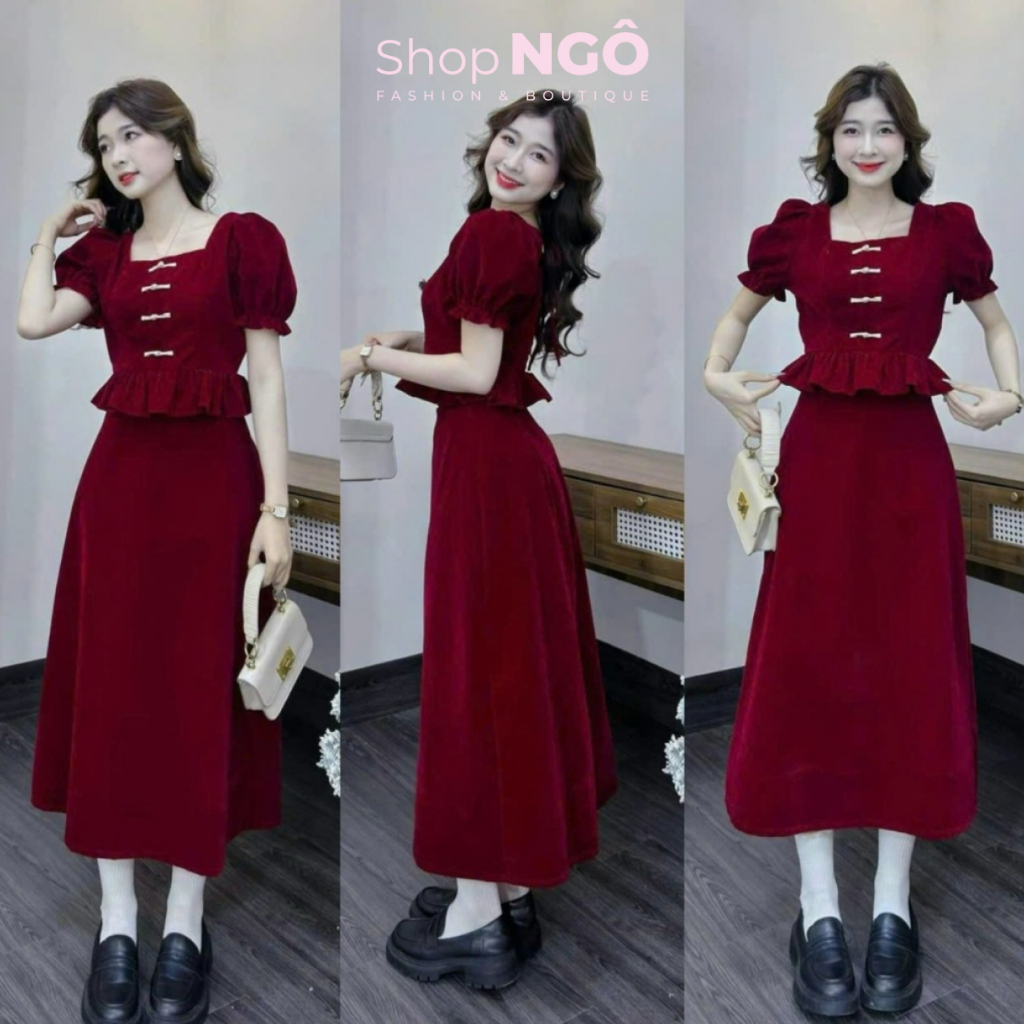 Set váy thời trang nữ đi chơi TẾT.Set váy NHUNG áo cổ vuông tay bồng ...
