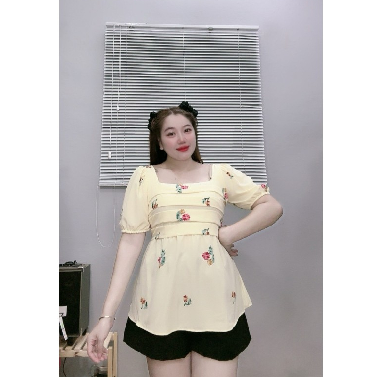Bộ Đồ Quần Áo Thời Trang Bigsize Nữ Thiết Kế Nhún Trước Cổ Vuông Tay Bồng Cách Điệu SET55