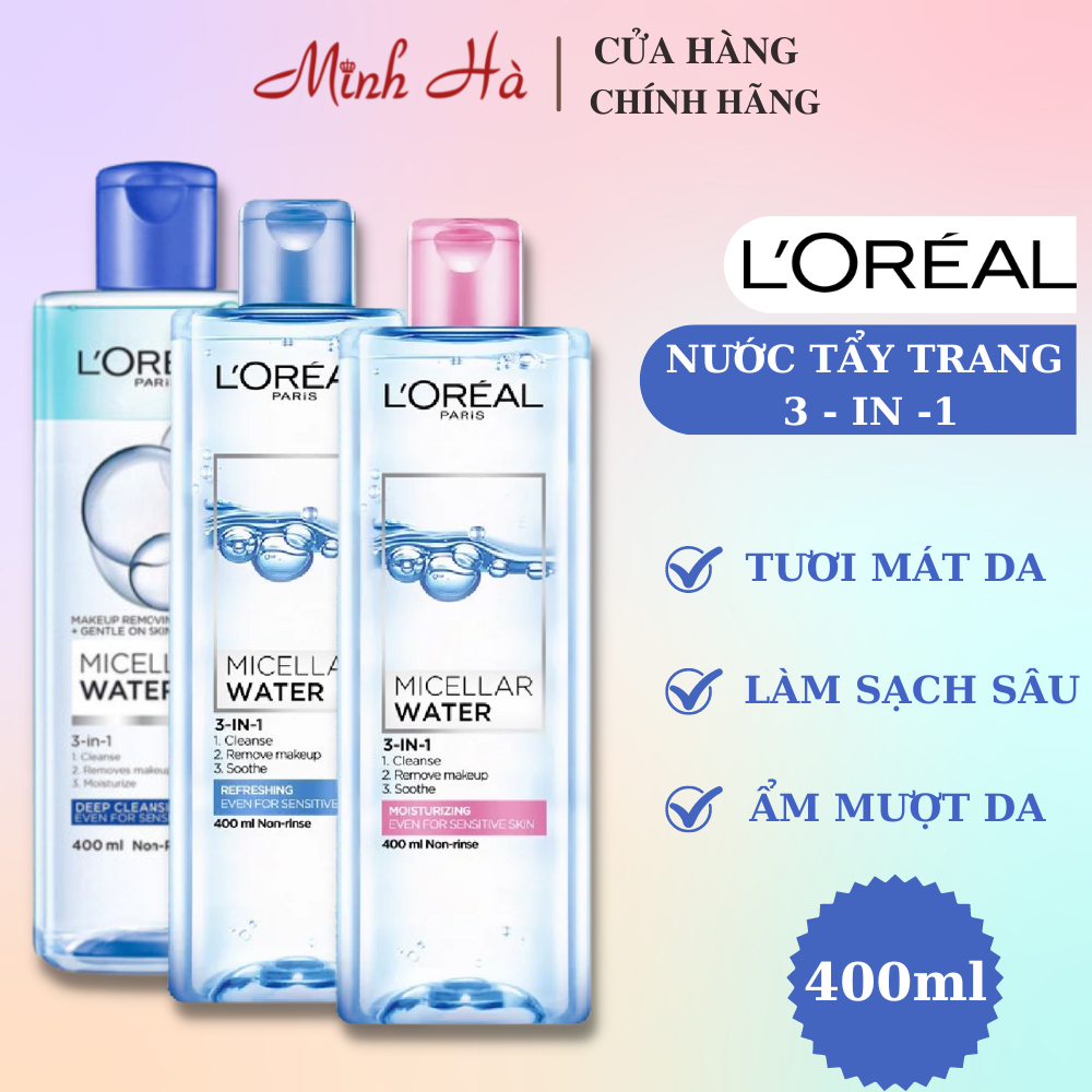 Ảnh Nước tẩy trang Loreal Paris Micellar Water 3-in-1 400ml không chứa cồn làm sạch và mềm da 2