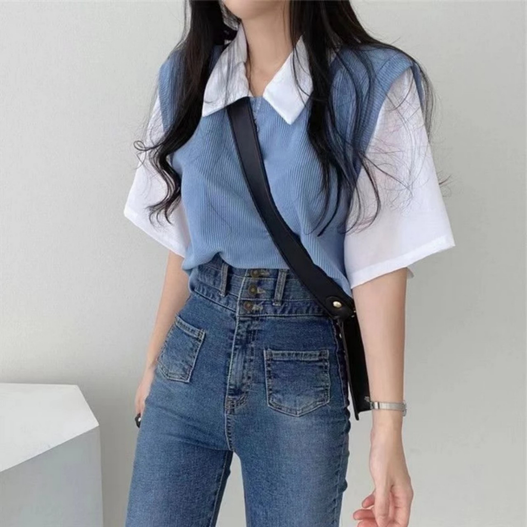 Bigsize 45-100KG Áo Polo Tay Ngắn Giả 2 Lớp Tay Ngắn Dáng Rộng Cho Nữ - MÃ 13