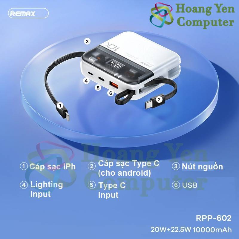 Sạc Dự Phòng Mini Remax RPP-602 10000Mah (Sạc Nhanh QC3.0, VOOC 2.0, PD20W), Tích Hợp Cáp Sạc - BH 1 Năm