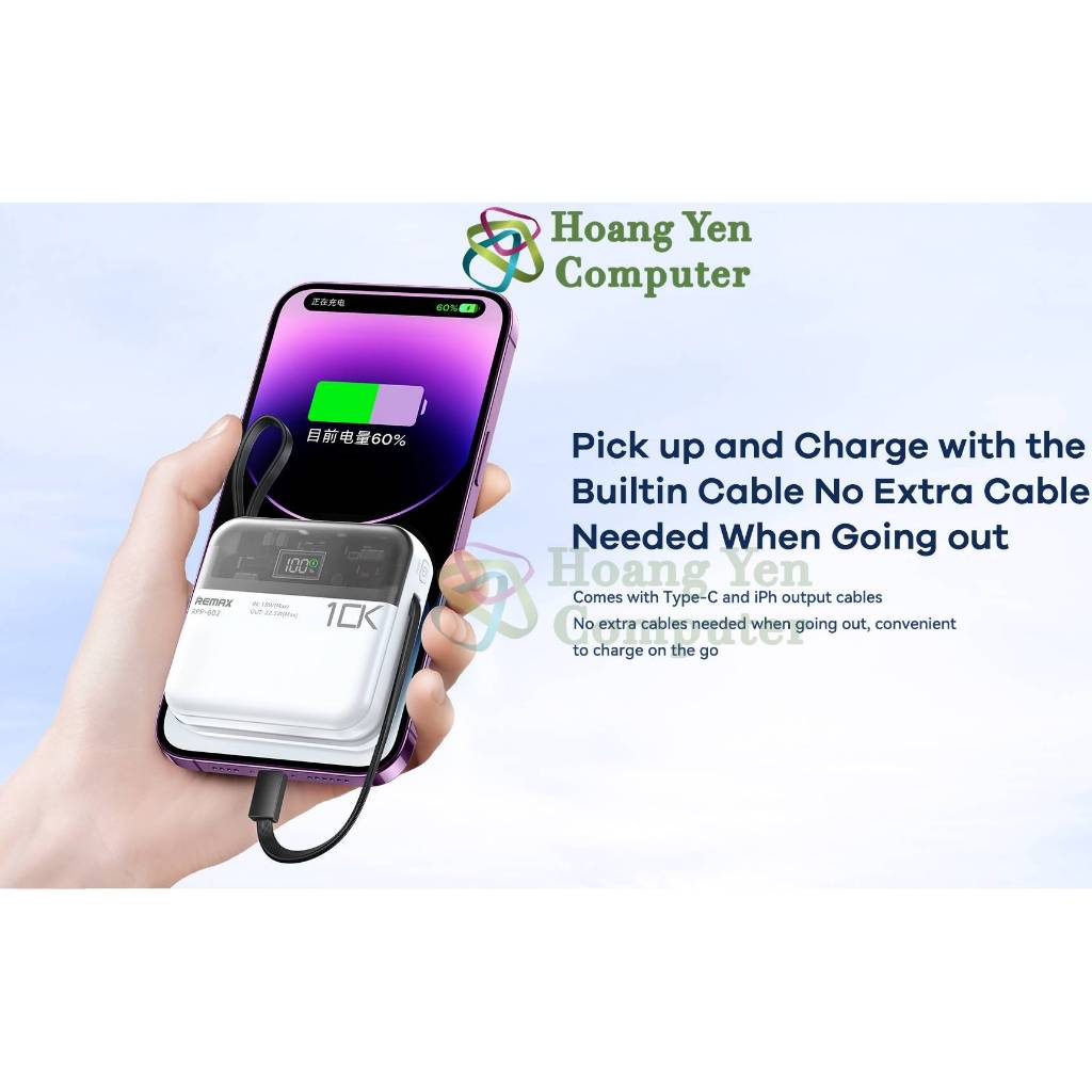 Sạc Dự Phòng Mini Remax RPP-602 10000Mah (Sạc Nhanh QC3.0, VOOC 2.0, PD20W), Tích Hợp Cáp Sạc - BH 1 Năm