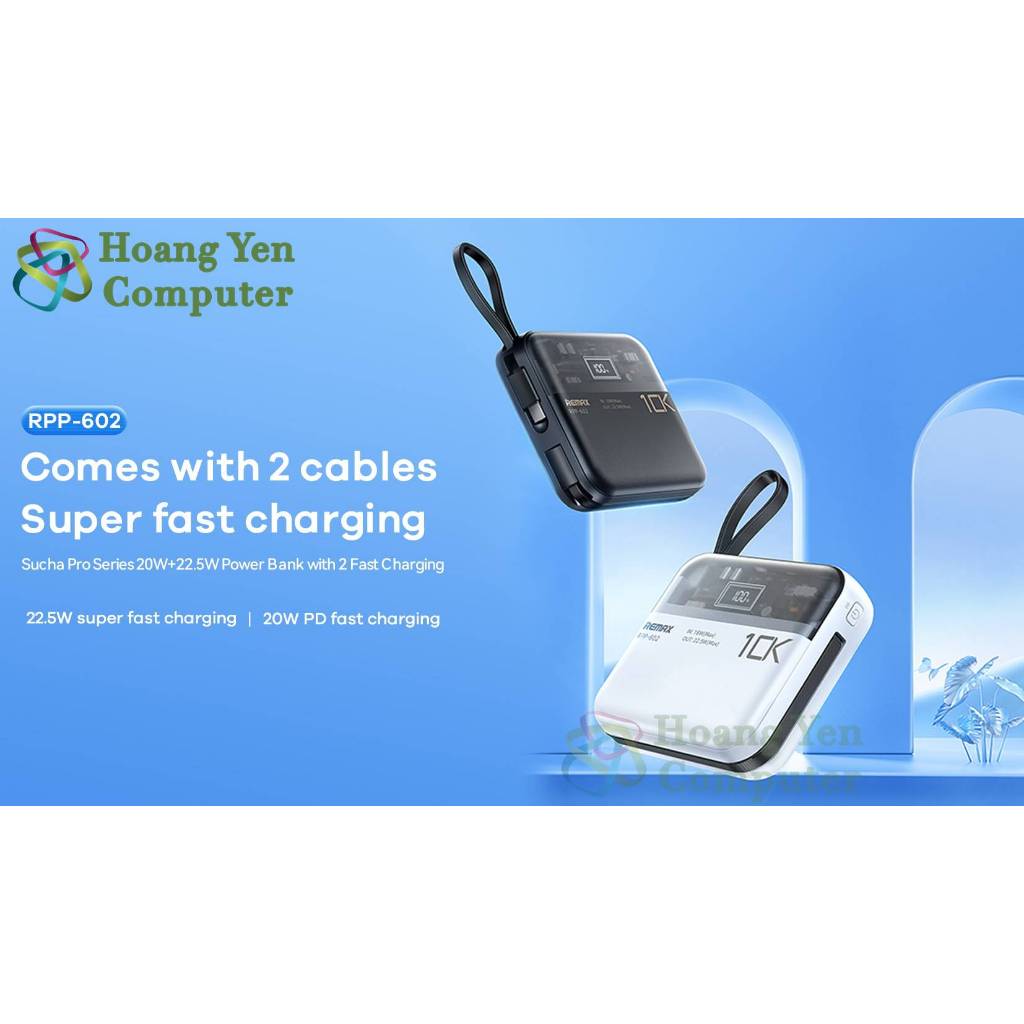Sạc Dự Phòng Mini Remax RPP-602 10000Mah (Sạc Nhanh QC3.0, VOOC 2.0, PD20W), Tích Hợp Cáp Sạc - BH 1 Năm