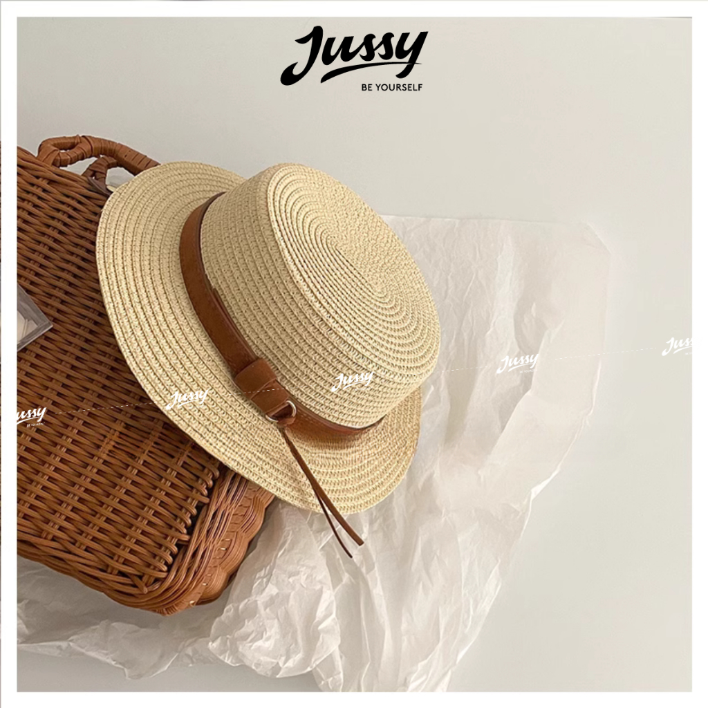 Mũ Cói Boater Nơ Da Pu Cao Cấp JCB09 Jusy Fashion Nón Cói Rộng Vành Phối Đai Nơ Xinh Xắn Form Chuẩn Đẹp