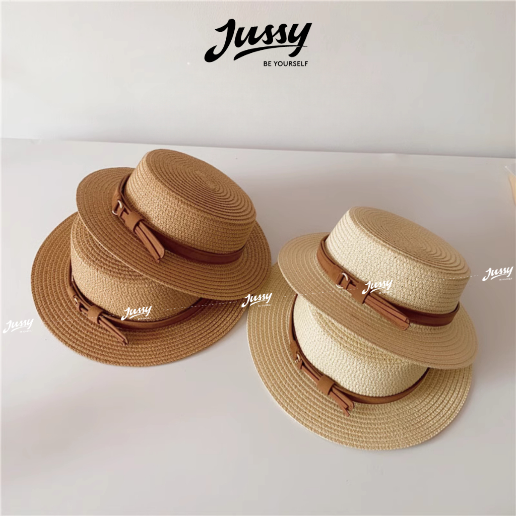 Mũ Cói Boater Nơ Da Pu Cao Cấp JCB09 Jusy Fashion Nón Cói Rộng Vành Phối Đai Nơ Xinh Xắn Form Chuẩn Đẹp