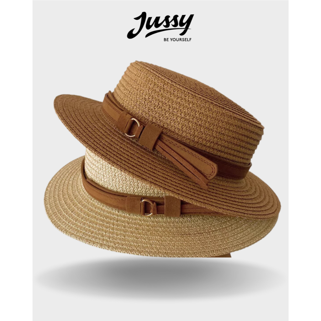 Mũ Cói Boater Nơ Da Pu Cao Cấp JCB09 Jusy Fashion Nón Cói Rộng Vành Phối Đai Nơ Xinh Xắn Form Chuẩn Đẹp