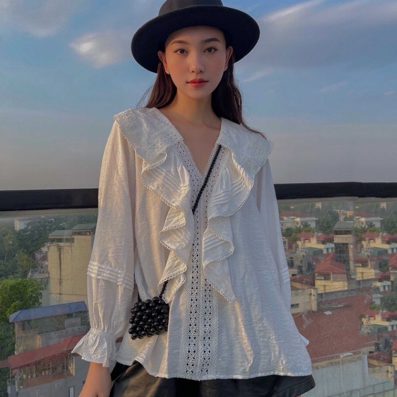 Áo trắng cổ bèo chạy ren tay bo MYA HOUSE