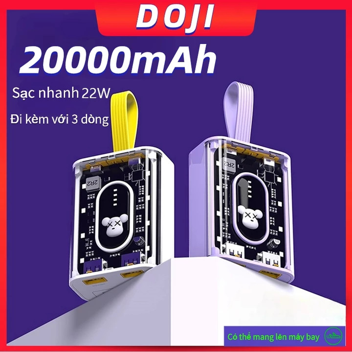 Sạc dự phòng dung lượng lớn 20000mAh，Sạc dự phòng trong suốt,Tích hợp dây sạc nhanh,Du lịch và sử dụng ngoài trời