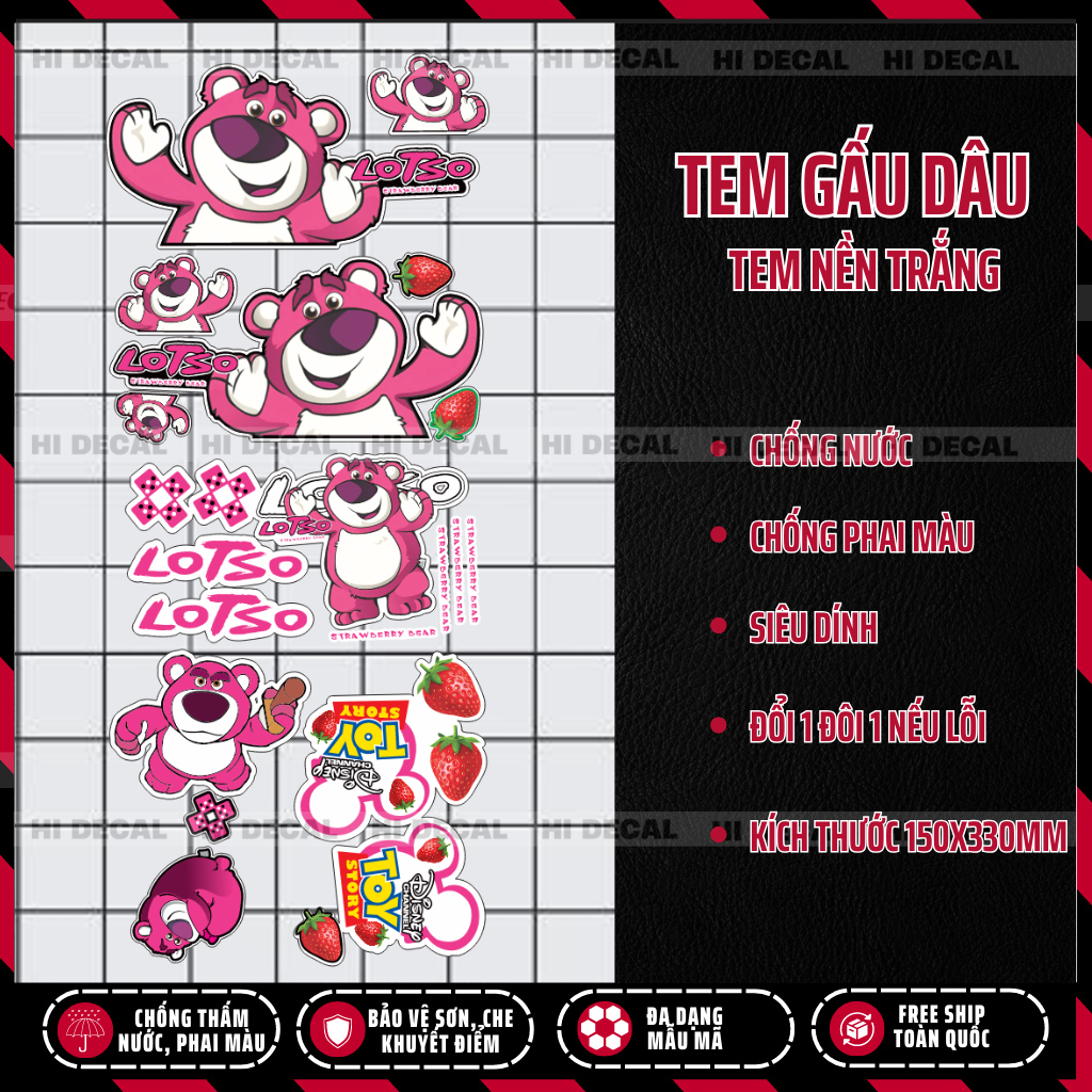 Tem Gấu Dâu Losto dán xe, trang trí ipad, điện thoại | TMN-H005 | Decal cao cấp chống nước, chống phai màu