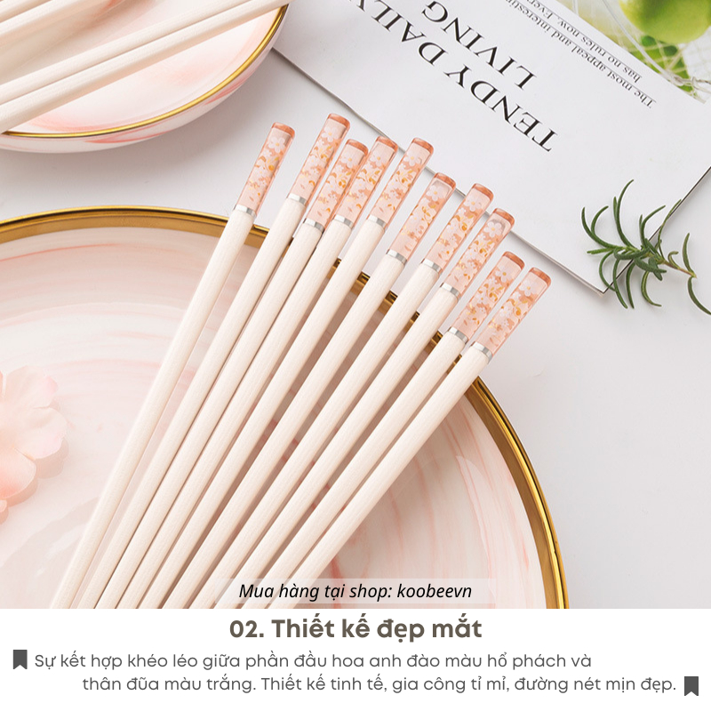 Bộ 5 Đôi Đũa Sợi Thủy Tinh Ion Bạc Kháng Khuẩn Phong Cách Nhật Bản Hoa Anh Đào Màu Hổ Phách Cao Cấp | 015