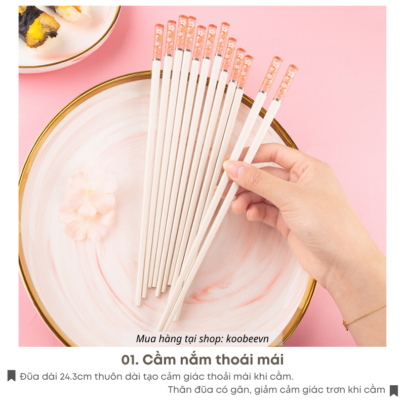 Bộ 5 Đôi Đũa Sợi Thủy Tinh Ion Bạc Kháng Khuẩn Phong Cách Nhật Bản Hoa Anh Đào Màu Hổ Phách Cao Cấp | 015