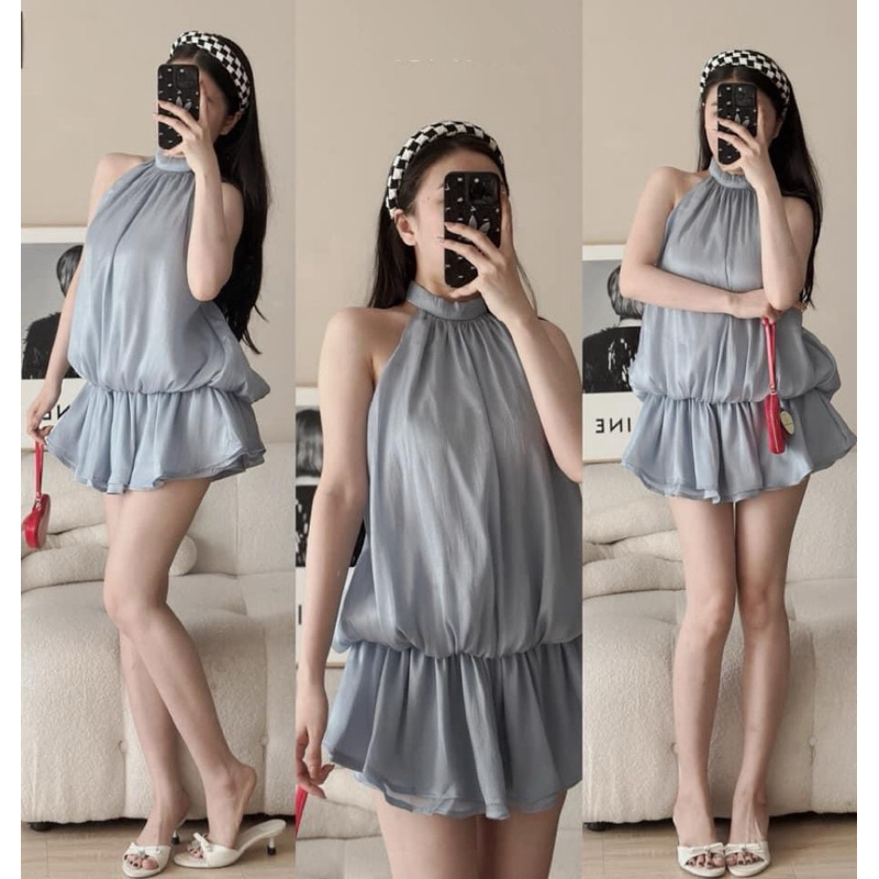 SET ĐẦM YẾM XANH TƠ ÁNH NHŨ HỞ LƯNG XÒE DÁNG BÍ PHỒNG + QUẦN SHORT XANH LƯNG THUN